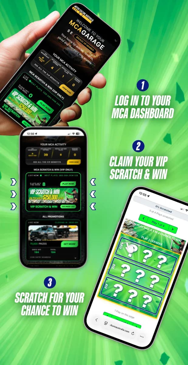 How to play VIP Scratch & Win: log in to your MCA dashboard, claim your VIP Scratch & Win play, then scratch for your chance to win